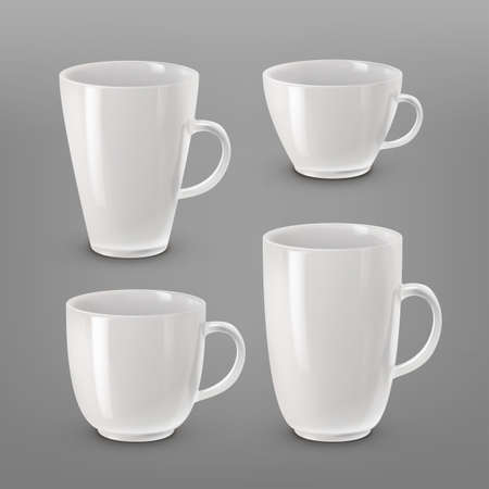 Vector illustration of collection of various white cups and mugs for coffee or tea isolated on white backgroundのイラスト素材