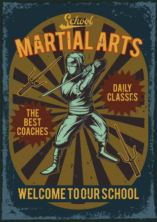 Advertising poster design with illustration of a ninja with a katana.のイラスト素材