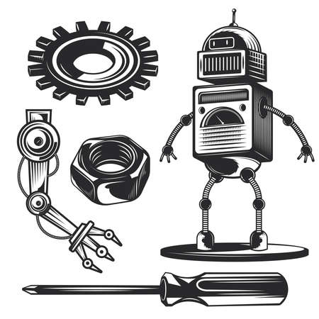 Set of robot elements (hand, screwdriver, gears etc.) for creating your own badges,  labels, posters etc. Isolated on white.のイラスト素材