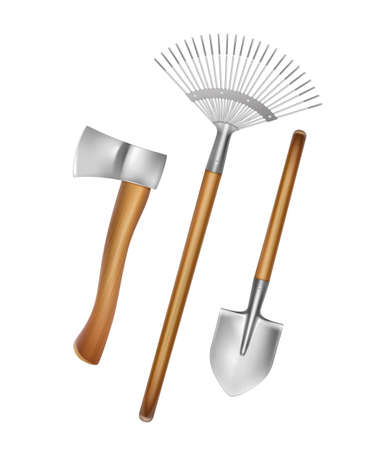 Vector gardening hand tools: rake, shovel, axe with wooden handle isolated on white backgroundのイラスト素材
