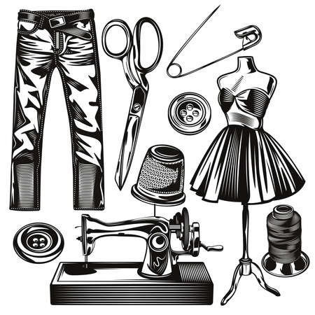 Set of sewing studio elements for creating your own badges,  labels, posters etc. Isolated on white.のイラスト素材