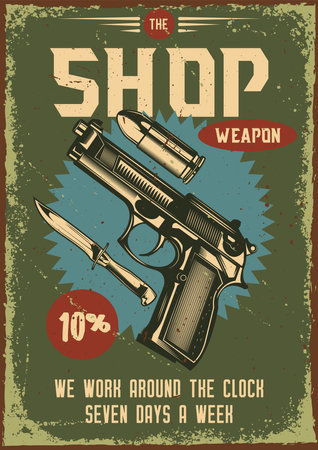 Poster design with illustration of a gun and its parts on vintage background.のイラスト素材