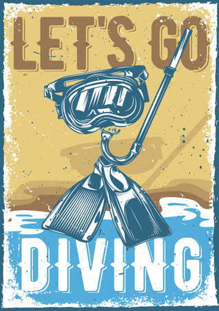 Poster design with illustration of diving equipment on vintage background.のイラスト素材
