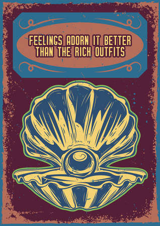 Poster design with illustration of a shell with a pearl on vintage background.のイラスト素材