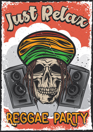 Poster design with illustration of a rasta's skull on vintage background.のイラスト素材