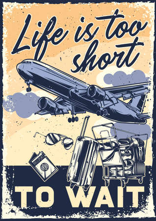 Poster design with illustration of a airplane and travelling stuff on vintage background.のイラスト素材