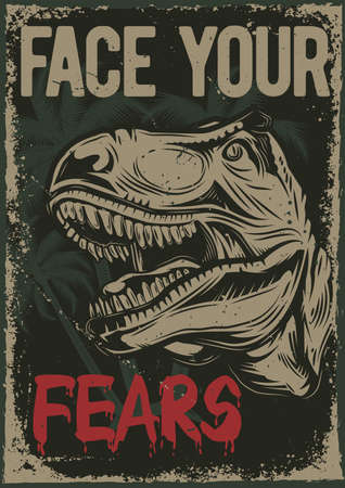 Poster design with illustration of a dino's head on vintage background.のイラスト素材