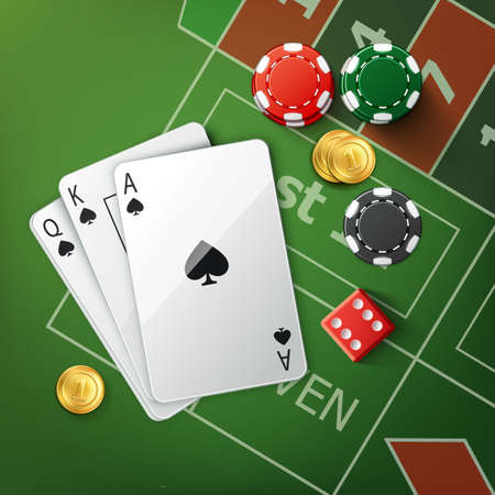 Vector green poker table with playing cards, red dice, gold coins and stacks of casino chips top viewのイラスト素材