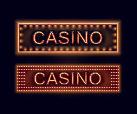Vector set of orange illuminated casino signboards for poster, flyer, billboard, web sites and gambling club isolated on black backgroundのイラスト素材