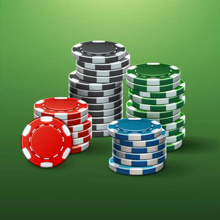 Vector realistic red, black, blue, green casino chips stacks side view isolated on poker tableのイラスト素材