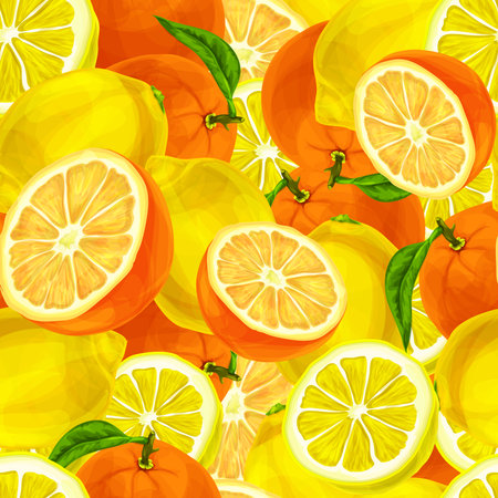 Seamless sliced juicy cut whole lemons and oranges with leaves pattern background vector illustrationのイラスト素材