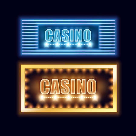 Vector set of yellow, blue illuminated casino signboards for poster, flyer, billboard, web sites and gambling club isolated on black backgroundのイラスト素材