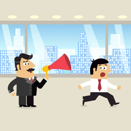 Business life boss with loudspeaker and running frustrated employee scene illustrationのイラスト素材