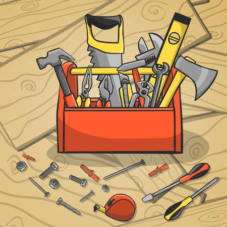 Carpenter toolbox with screwdriver hammer handsaw wrench and scattered instruments on a wooden background vector illustrationのイラスト素材