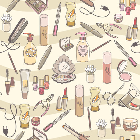 Perfume and cosmetics accessories performed in hand drawn style with watercolor spots seamless pattern background illustrationのイラスト素材