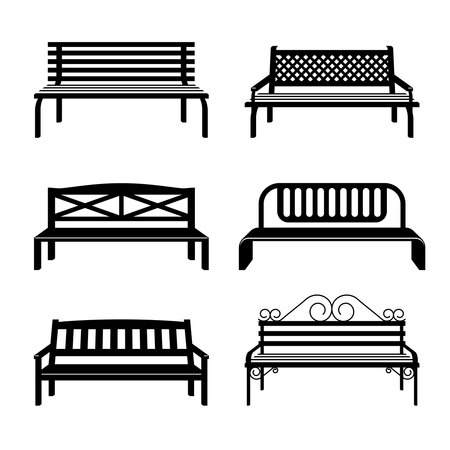 Vector benches. Benches black silhouettes. Bench street for city park, set of monochrome urban benchesのイラスト素材
