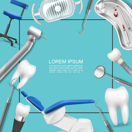 Realistic professional dentistry concept with frame for text lamp dental implant stomatological instruments medical chair tooth machine tray of syringe cotton balls vector illustrationのイラスト素材