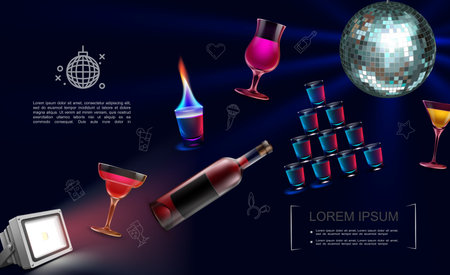 Realistic night party elements collection with cocktails fiery shot drinks spotlight bottle of alcohol sparkling disco ball vector illustrationのイラスト素材