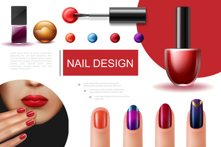 Realistic nail polish composition with brush colorful bottles of lacquer and female fingers with beautiful manicure vector illustrationのイラスト素材