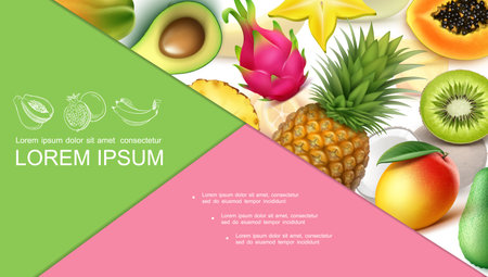 Realistic exotic fruits colorful composition with pineapple avocado guava kiwi papaya mango carambola dragonfruit vector illustrationのイラスト素材