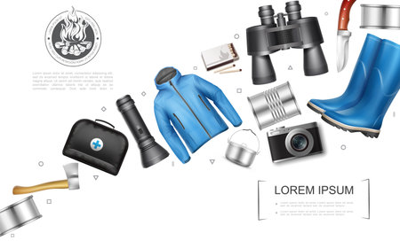 Realistic camping elements concept with canned food axe medical bag flashlight cooking pot camera jacket matches rubber boots binoculars knife vector illustrationのイラスト素材