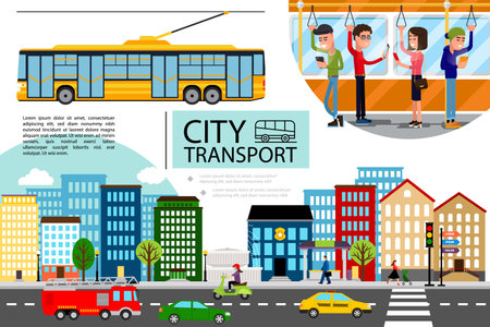 Flat city transport concept with cityscape cars motorbike fire truck moving on road and passengers riding by trolley bus vector illustrationのイラスト素材