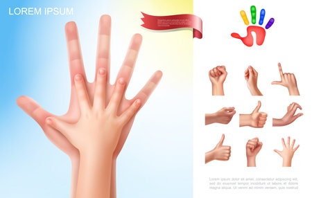 Child and parent hands concept with different female hand gestures in realistic style vector illustrationのイラスト素材