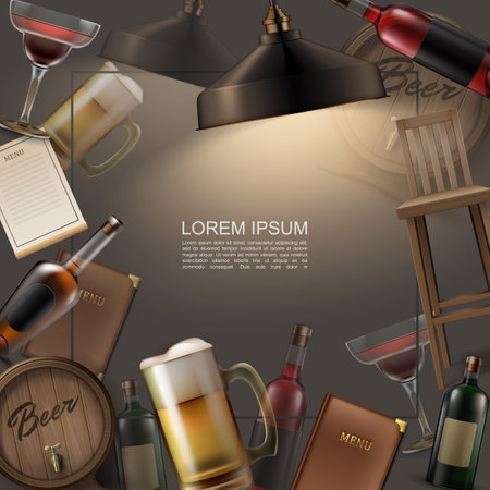 Realistic pub colorful template with cocktail glass mug and wooden barrel of beer bottles with alcoholic drinks chairs bar menu lamp vector illustrationのイラスト素材