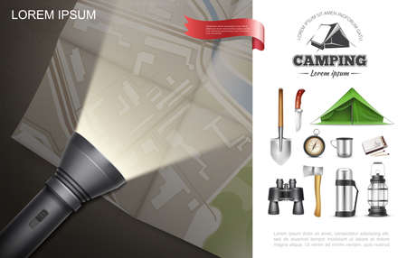 Realistic outdoor recreation elements concept with flashlight lying on map shovel tent axe knife compass binoculars flask lantern matches vector illustrationのイラスト素材