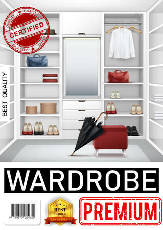 Realistic trendy wardrobe room poster with closet full of shelves hangers drawers shirt umbrella bags shoes mirror stool boxes for accessories vector illustrationのイラスト素材