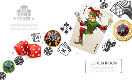 Realistic gambling and poker elements concept with joker playing card dices colorful casino chips vector illustrationのイラスト素材