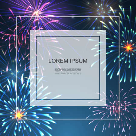 Celebration colorful bright background with frame for text and realistic festive sparkling fireworks vector illustrationのイラスト素材