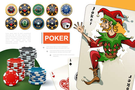 Realistic casino and gambling concept with colorful poker chips aces and joker cards vector illustrationのイラスト素材