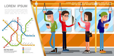 Flat public transport composition with underground map and people traveling by subway vector illustrationのイラスト素材