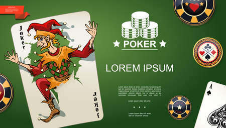 Realistic poker template with joker and ace of spades playing cards and chips on green casino table background vector illustrationのイラスト素材