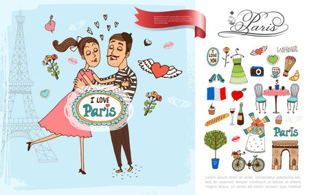 Sketch Paris elements concept with couple in love Eiffel Tower windmill Triumphal Arch bicycle french food flowers camera France flag wine bottle vector illustrationのイラスト素材