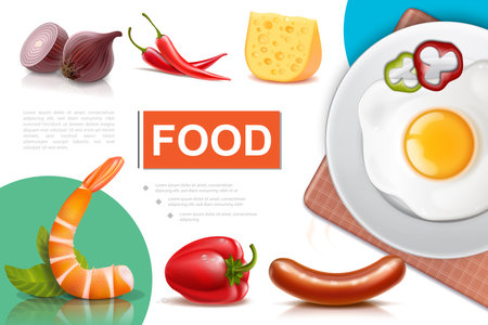 Realistic fresh food composition with egg omelette on plate onion pepper sausages cheese vector illustrationのイラスト素材