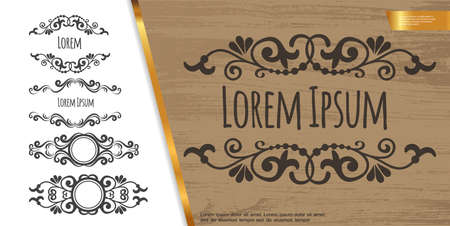 Vintage decorative design elements composition with elegant swirls text dividers and vignettes on wooden background vector illustrationのイラスト素材