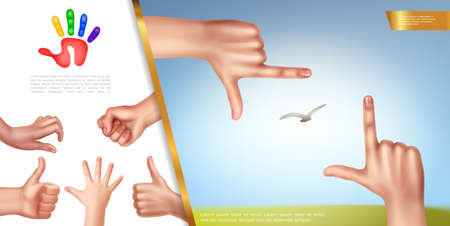 Realistic hand gestures concept with viewfinder like okay picking signs and female fist vector illustrationのイラスト素材
