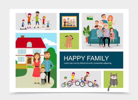 Flat happy family concept with animals mother father children riding bicycles rollers skateboards standing near house big family sitting on sofa vector illustrationのイラスト素材