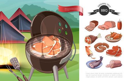 Cartoon bbq party concept with barbecue tents ketchup different meat and fish products vector illustrationのイラスト素材