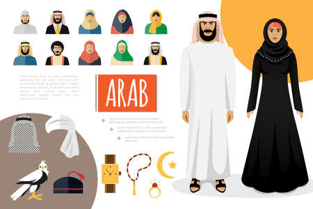 Flat Arab culture elements composition with muslim people in traditional clothing Islam symbol gold watches ring rosary falcon different hats vector illustrationのイラスト素材