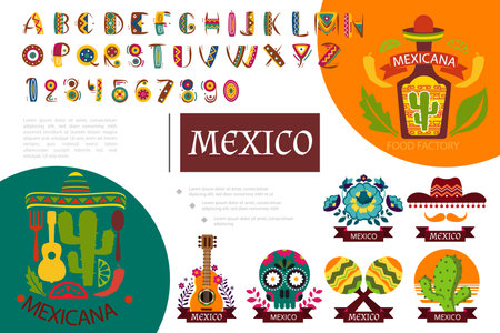 Flat Mexico elements composition with mexican ethnic alphabet tequila bottle flowers maracas sombrero mustache sugar skull guitar cactus vector illustrationのイラスト素材