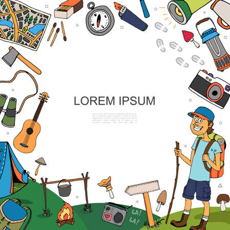 Hand drawn hiking concept with tourist map guitar campfire tent camera lighter matches thermos lantern ax compass binoculars backpack mushrooms vector illustrationのイラスト素材