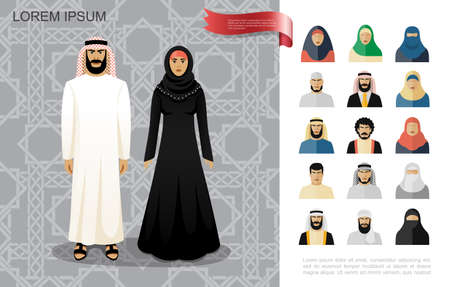 Flat arab people colorful concept with muslim man and woman in traditional clothing on arabian ornamental background vector illustrationのイラスト素材