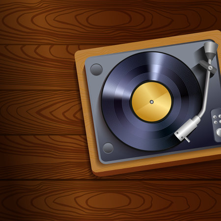 Vintage retro vinyl record player on wooden table background poster vector illustrationのイラスト素材