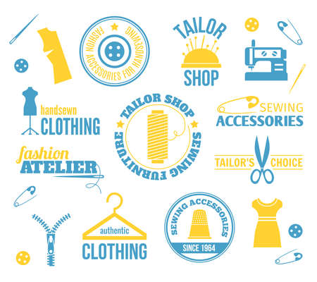 Sewing equipment fashion accessories colored labels set isolated vector illustrationのイラスト素材