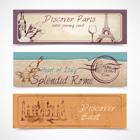World landmark discover paris east heart of Italy splendid rome banners set isolated vector illustrationのイラスト素材