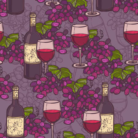 Wine sketch seamless pattern with glass bottle and grape branch vector illustration.のイラスト素材