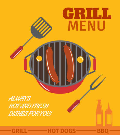 Bbq grill menu restaurant always hot and fresh dishes poster vector illustrationのイラスト素材